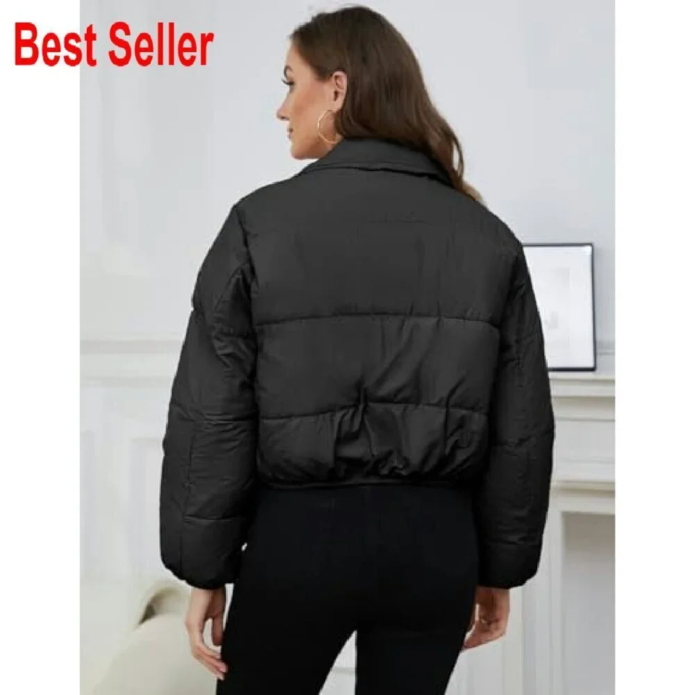 Cropped Puffer Jacket Quilted Lightweight Stand Collar Full Zip Chic Winter